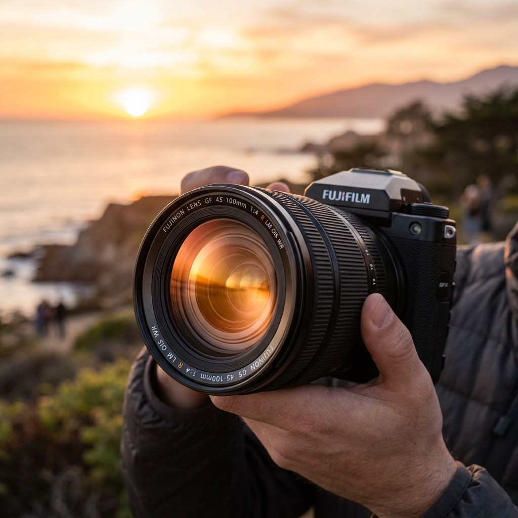 A camera lens reflecting a sunset