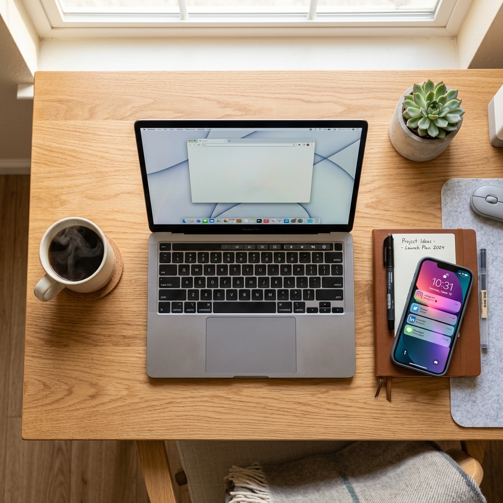 A clean desk with laptop and a phone showing notifications