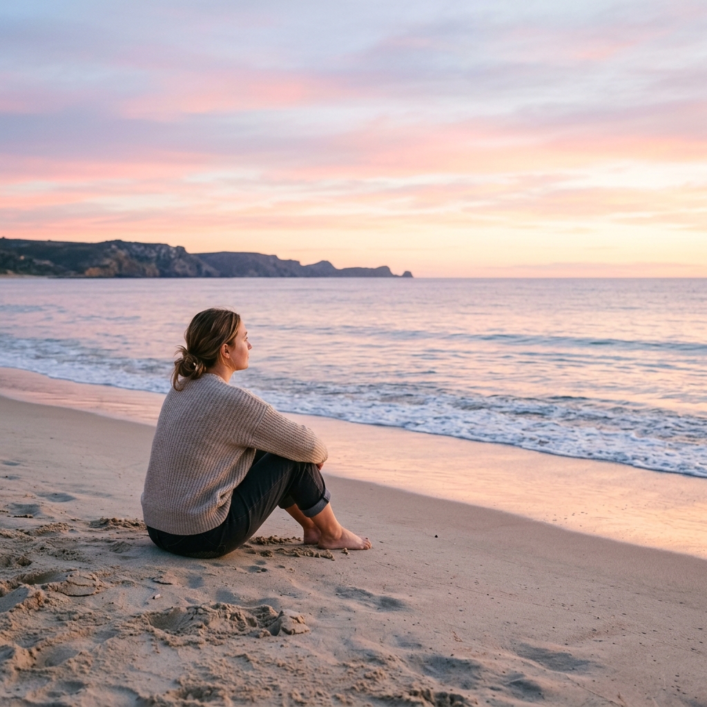 A person sitting on a beach at sunrise, fully present