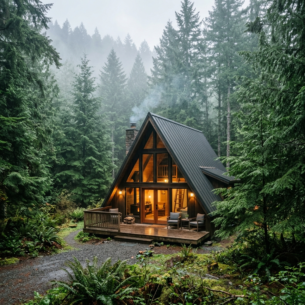 A cozy A-frame cabin in a misty pine forest